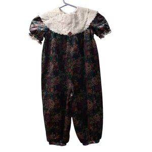 Vintage Little Precious Girls Floral Lace Short Sleeve Ruffle Romper Multi